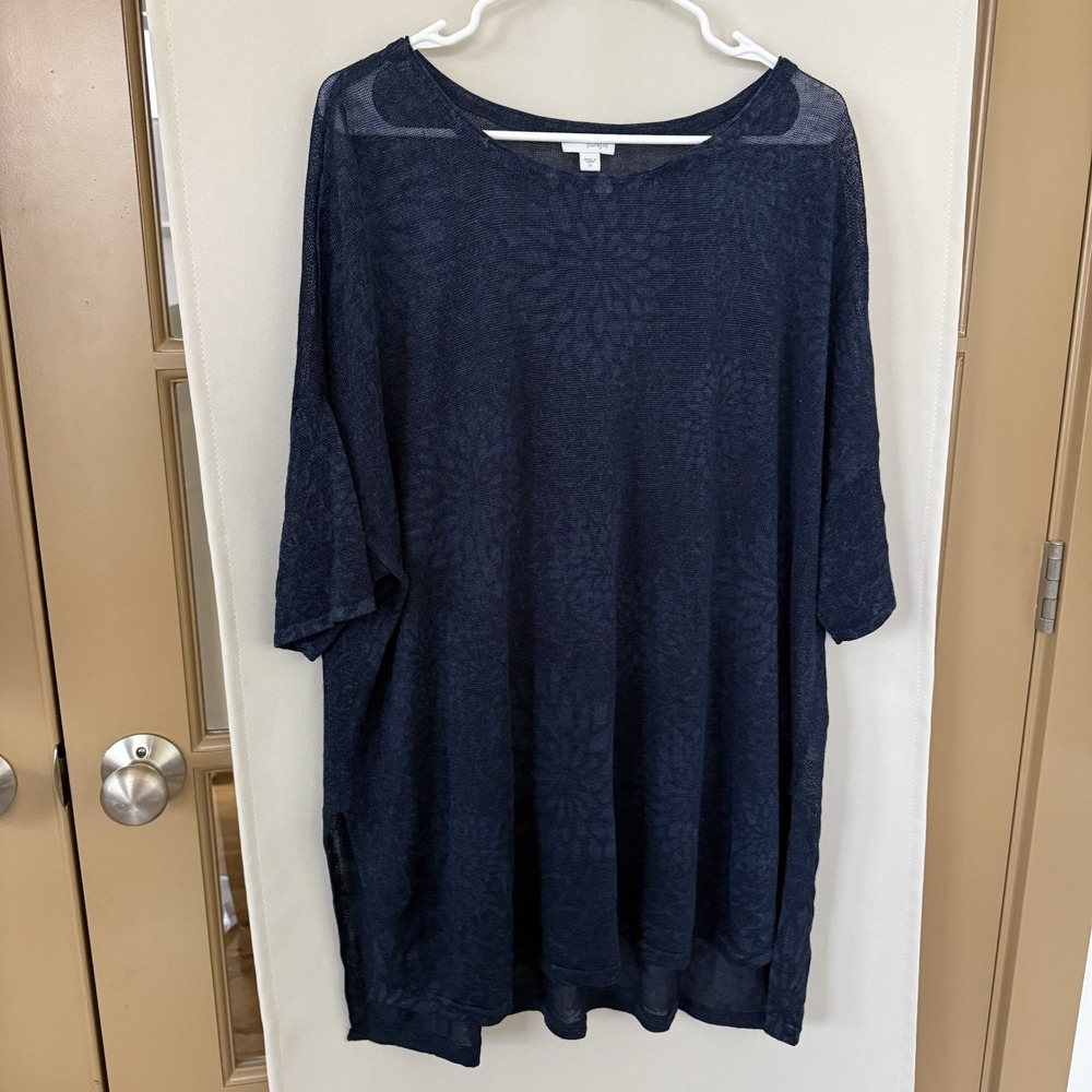 J. Jill Womens XL Navy‎ Blue Floral Linen Blend Short Sleeve Knit Sweater